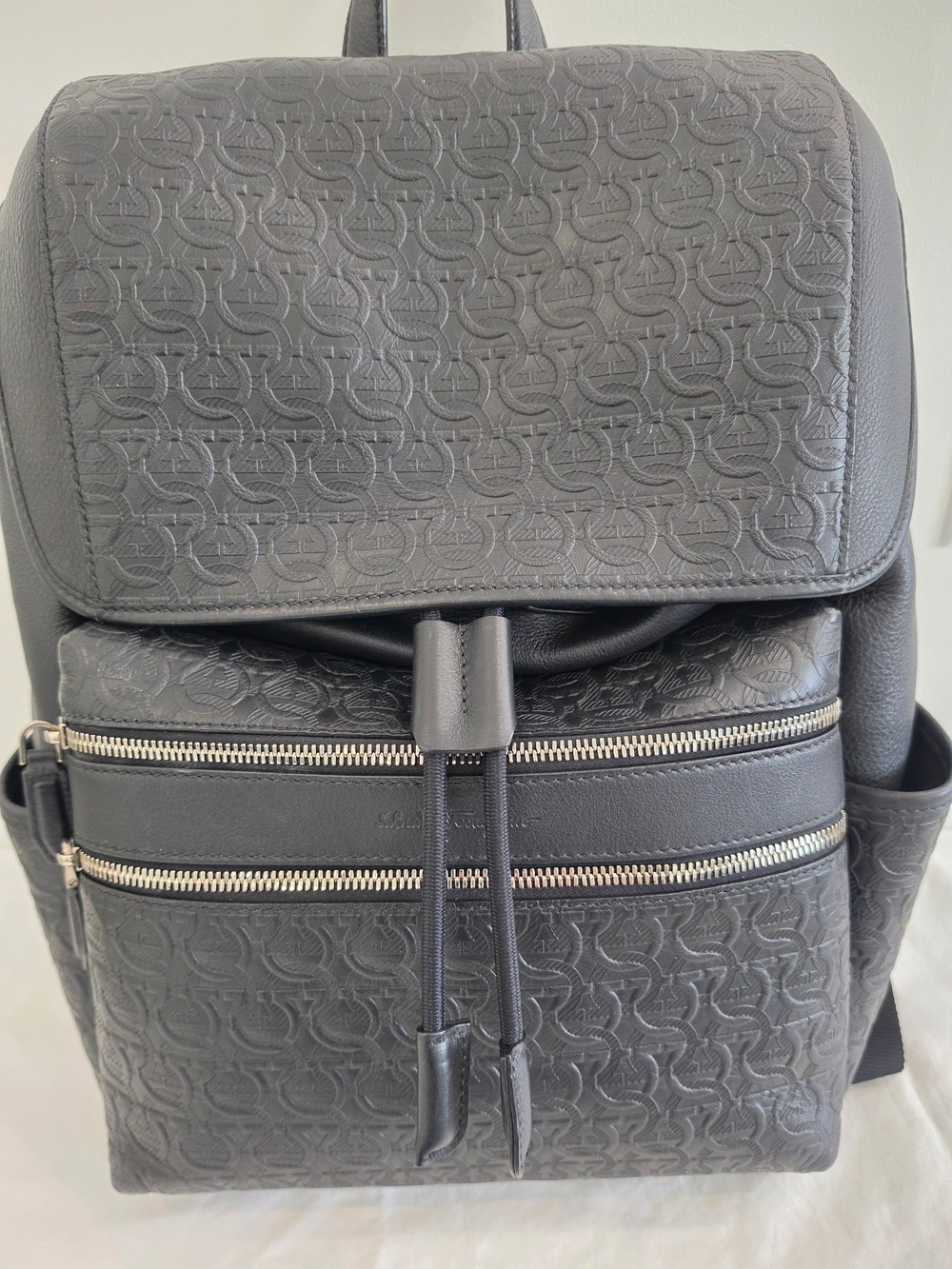 Salvatore Ferragamo Black Embossed Leather Backpack with Dual Front Zips